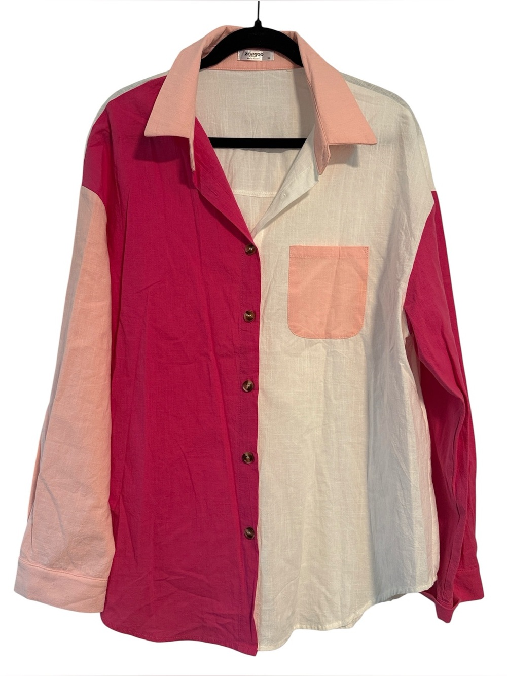 Zeagoo Pink and White Colorblock Button Down Shirt